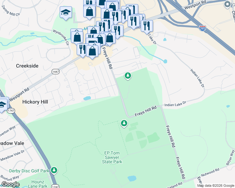 map of restaurants, bars, coffee shops, grocery stores, and more near 3016 Freys Hill Road in Louisville