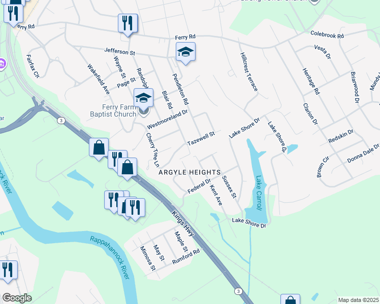 map of restaurants, bars, coffee shops, grocery stores, and more near 54 Blair Road in Fredericksburg