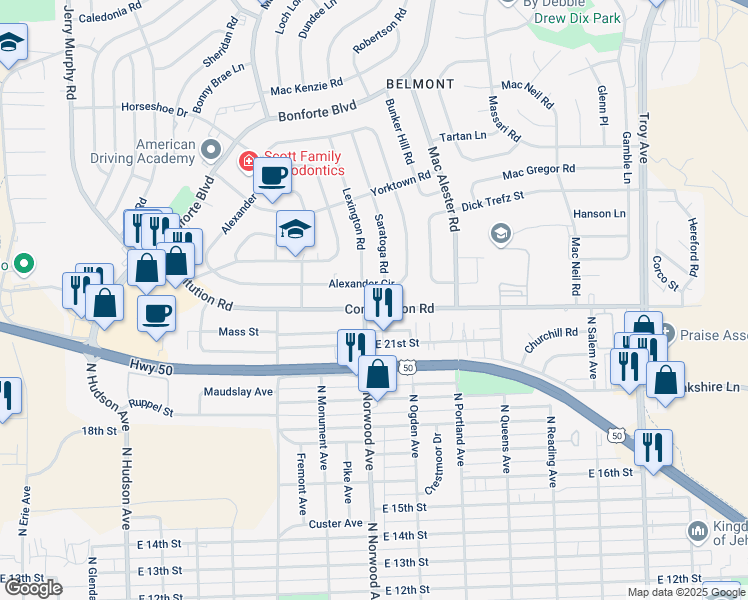 map of restaurants, bars, coffee shops, grocery stores, and more near 1510 Saratoga Road in Pueblo