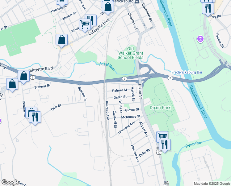 map of restaurants, bars, coffee shops, grocery stores, and more near 408 Palmer Street in Fredericksburg
