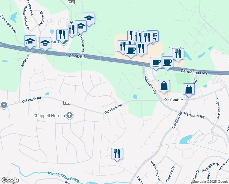 map of restaurants, bars, coffee shops, grocery stores, and more near 7002 Ferguson Drive in Fredericksburg