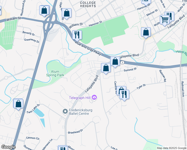 map of restaurants, bars, coffee shops, grocery stores, and more near 1012 Trestle Drive in Fredericksburg