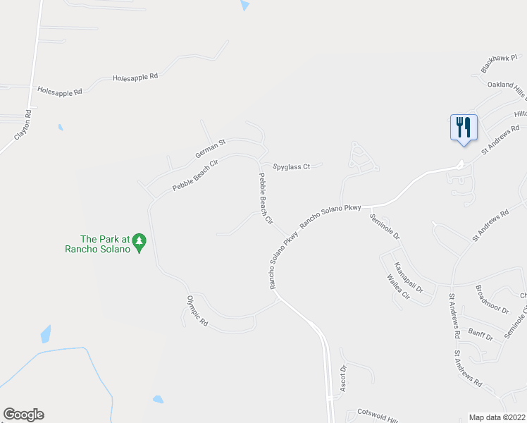 map of restaurants, bars, coffee shops, grocery stores, and more near Pebble Beach Cir & Pebble Beach Ct in Fairfield