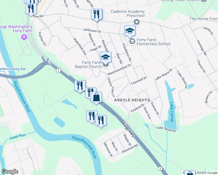map of restaurants, bars, coffee shops, grocery stores, and more near 11 Cherry Tree Lane in Fredericksburg