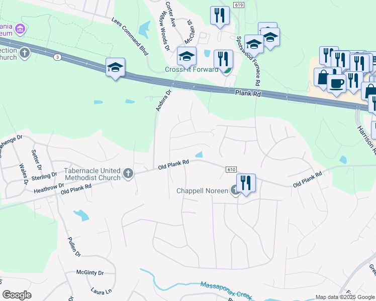 map of restaurants, bars, coffee shops, grocery stores, and more near 7106 Sharon Rd in Fredericksburg