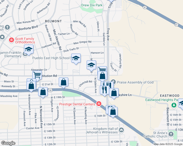 map of restaurants, bars, coffee shops, grocery stores, and more near 9 Macneil Road in Pueblo