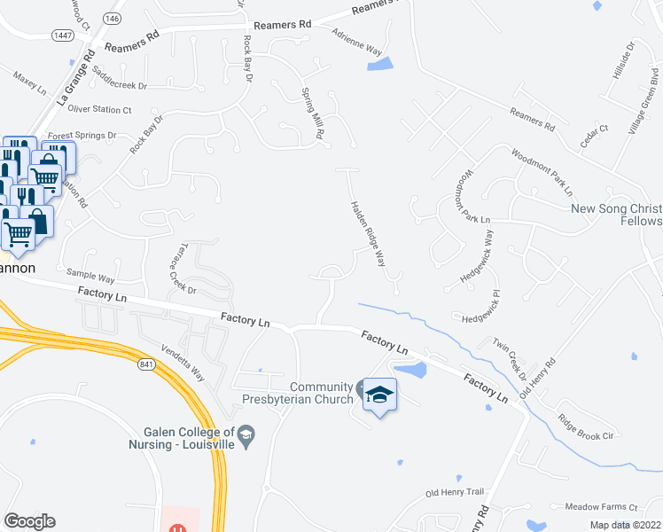map of restaurants, bars, coffee shops, grocery stores, and more near Halden Ridge Circle in Louisville