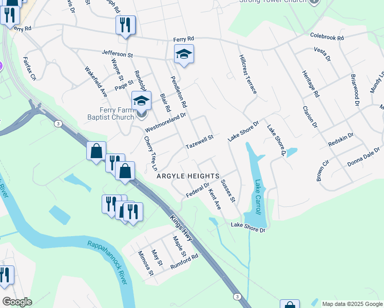 map of restaurants, bars, coffee shops, grocery stores, and more near 54 Blair Road in Fredericksburg