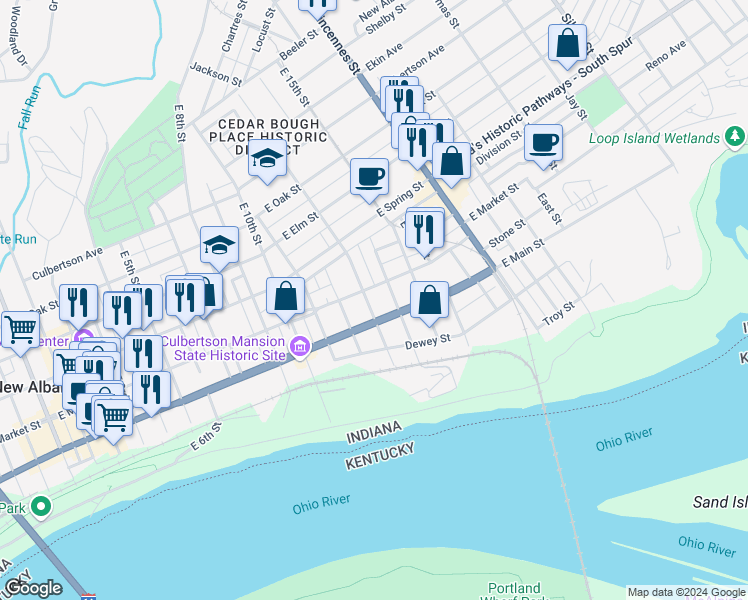 map of restaurants, bars, coffee shops, grocery stores, and more near 212 East 13th Street in New Albany