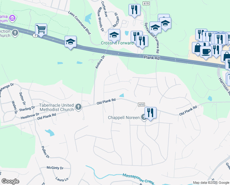 map of restaurants, bars, coffee shops, grocery stores, and more near 7106 Sharon Rd in Fredericksburg
