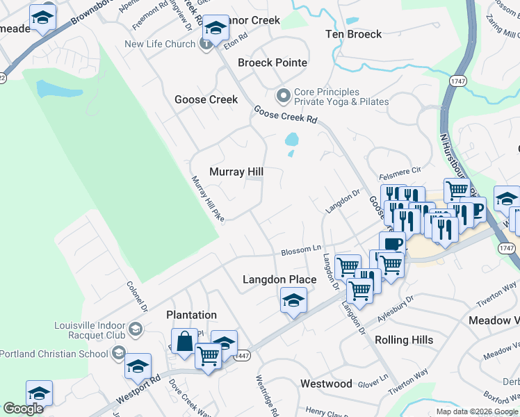map of restaurants, bars, coffee shops, grocery stores, and more near 2908 Murray Hill Pike in Louisville