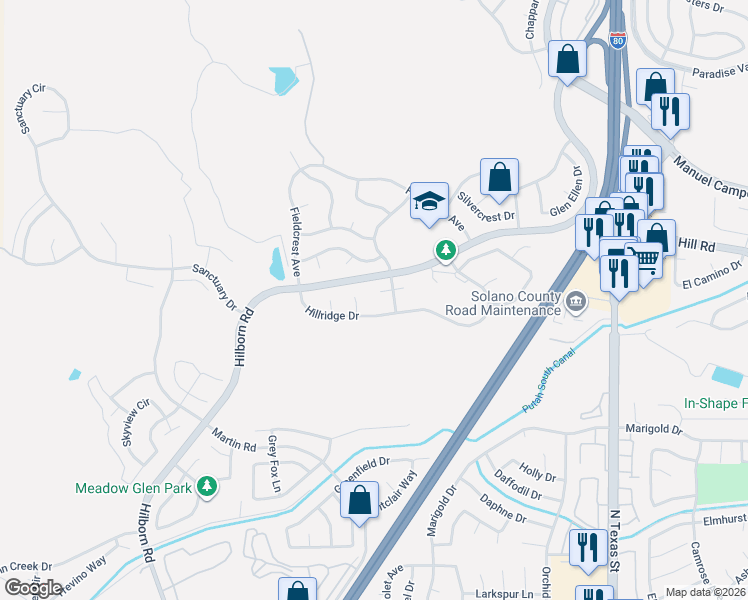 map of restaurants, bars, coffee shops, grocery stores, and more near 2148 Crestview Court in Fairfield