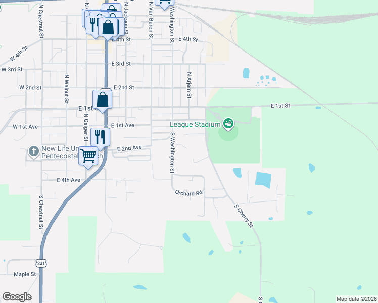 map of restaurants, bars, coffee shops, grocery stores, and more near 303 South Washington Street in Huntingburg