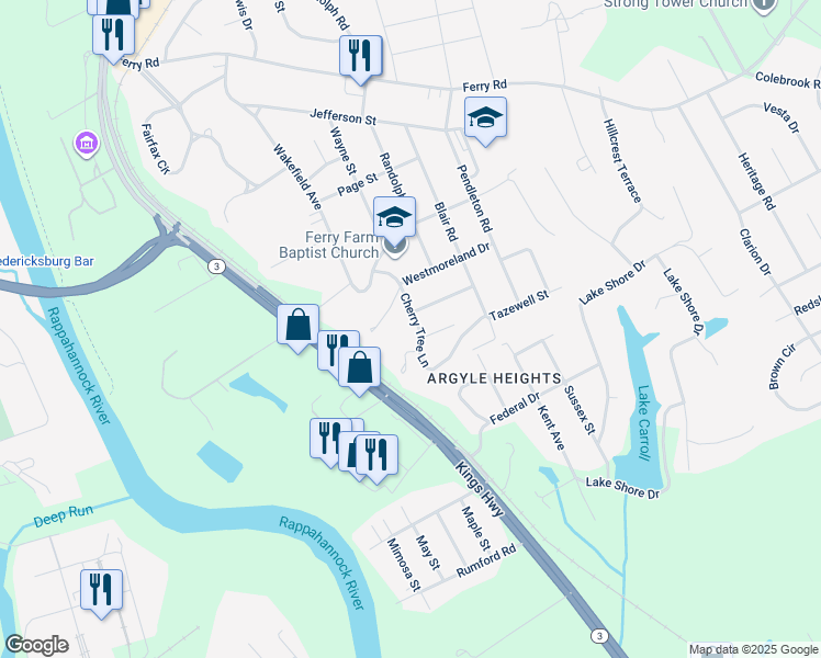 map of restaurants, bars, coffee shops, grocery stores, and more near 11 Cherry Tree Lane in Fredericksburg