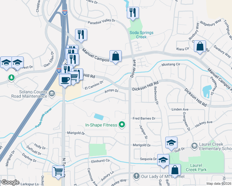 map of restaurants, bars, coffee shops, grocery stores, and more near 3236 Arroyo Drive in Fairfield