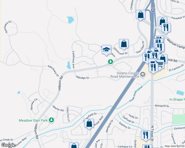 map of restaurants, bars, coffee shops, grocery stores, and more near 2148 Crestview Court in Fairfield