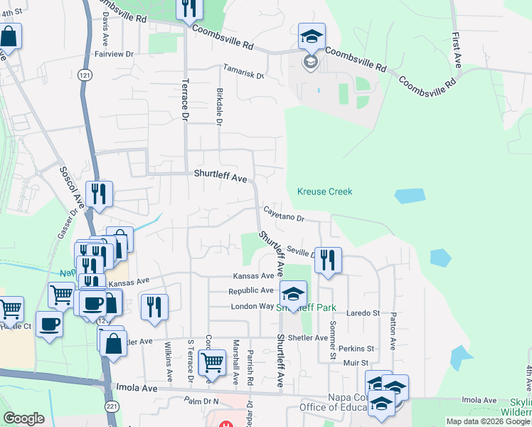 map of restaurants, bars, coffee shops, grocery stores, and more near 1200 Cayetano Drive in Napa