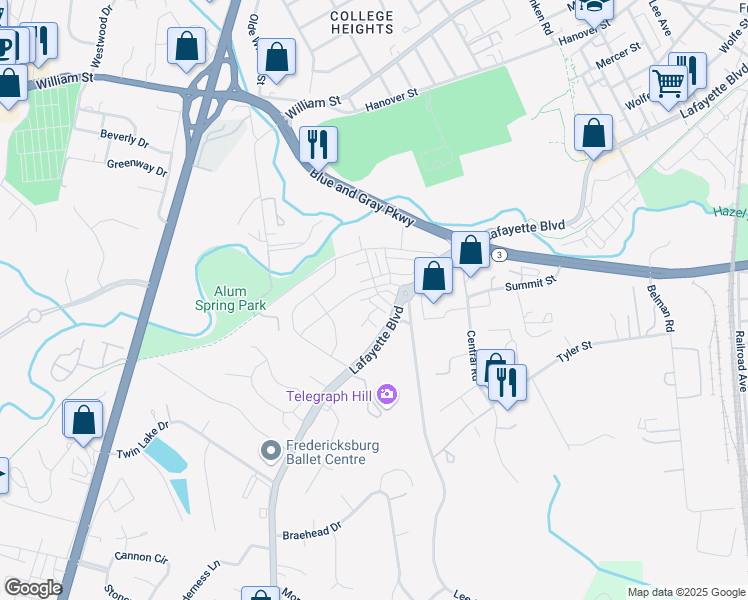 map of restaurants, bars, coffee shops, grocery stores, and more near 1026 Trestle Drive in Fredericksburg