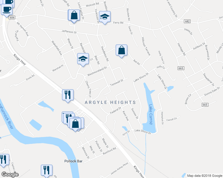 map of restaurants, bars, coffee shops, grocery stores, and more near 1 Tazewell Street in Fredericksburg