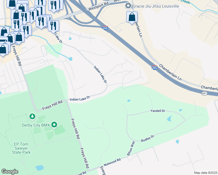 map of restaurants, bars, coffee shops, grocery stores, and more near 3201 Indian Lake Drive in Louisville