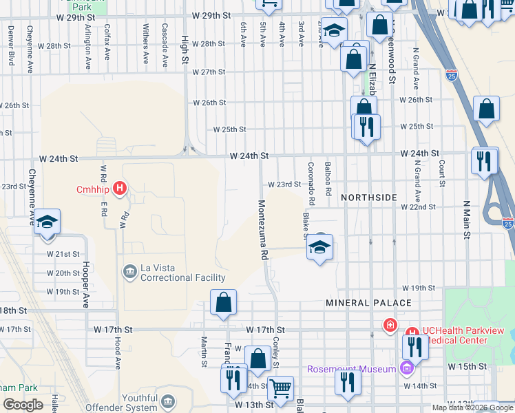 map of restaurants, bars, coffee shops, grocery stores, and more near 2121 Montezuma Road in Pueblo