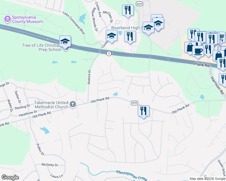 map of restaurants, bars, coffee shops, grocery stores, and more near 7102 Sharon Road in Fredericksburg
