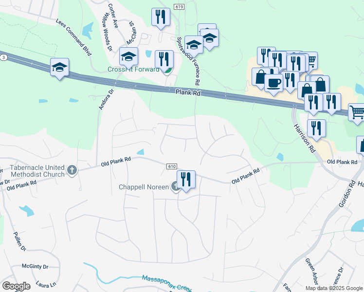 map of restaurants, bars, coffee shops, grocery stores, and more near 12006 Bradenton Drive in Fredericksburg