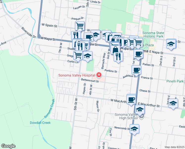 map of restaurants, bars, coffee shops, grocery stores, and more near 640 4th Street West in Sonoma