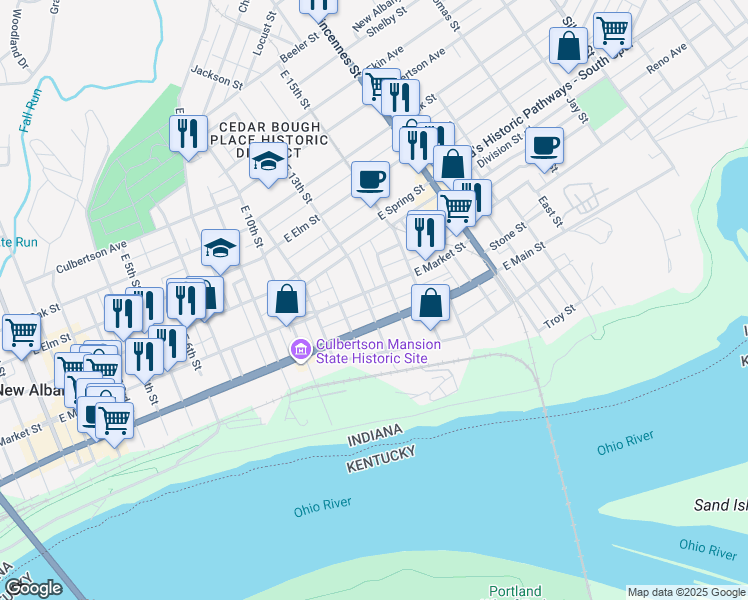 map of restaurants, bars, coffee shops, grocery stores, and more near 212 East 13th Street in New Albany