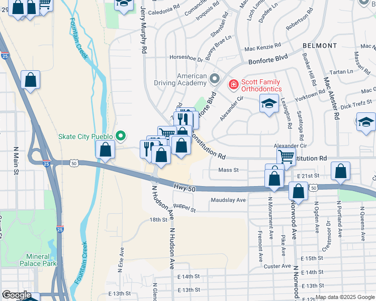 map of restaurants, bars, coffee shops, grocery stores, and more near 1093 Horseshoe Drive in Pueblo