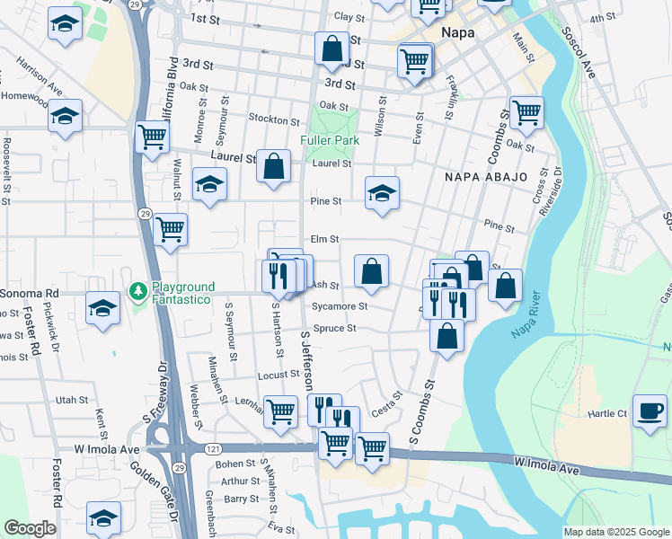 map of restaurants, bars, coffee shops, grocery stores, and more near 131 South Seminary Street in Napa