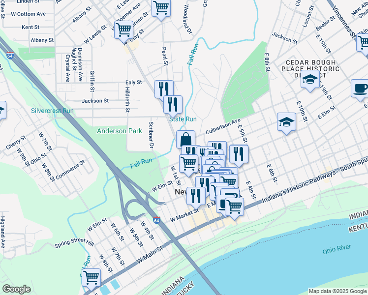 map of restaurants, bars, coffee shops, grocery stores, and more near 624 State St in New Albany