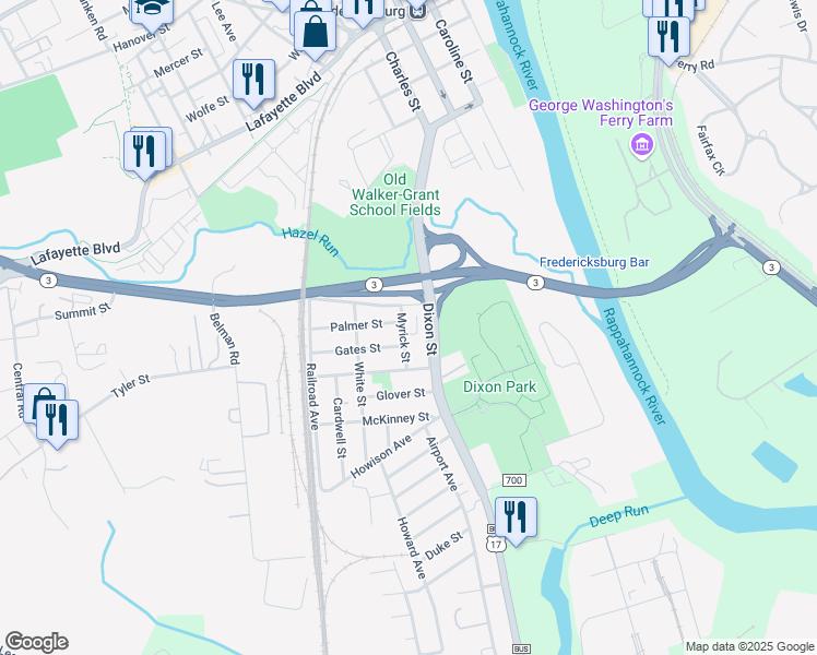 map of restaurants, bars, coffee shops, grocery stores, and more near 904 Myrick Street in Fredericksburg