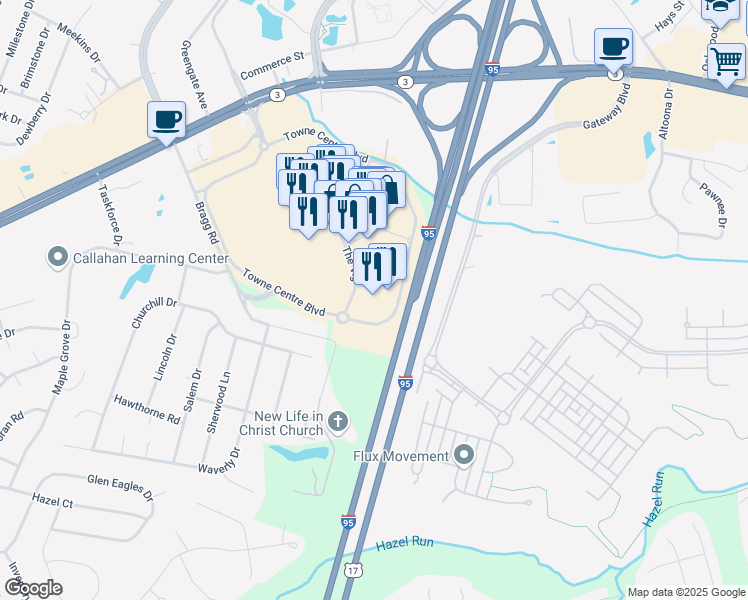 map of restaurants, bars, coffee shops, grocery stores, and more near 51 Towne Centre Boulevard in Fredericksburg