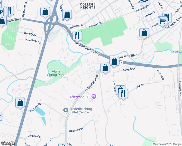 map of restaurants, bars, coffee shops, grocery stores, and more near 1026 Trestle Drive in Fredericksburg
