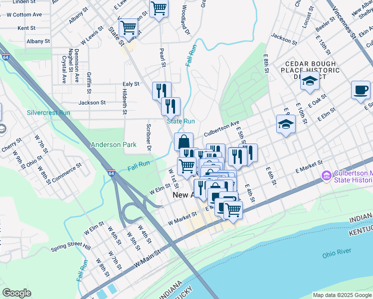 map of restaurants, bars, coffee shops, grocery stores, and more near 624 State Street in New Albany