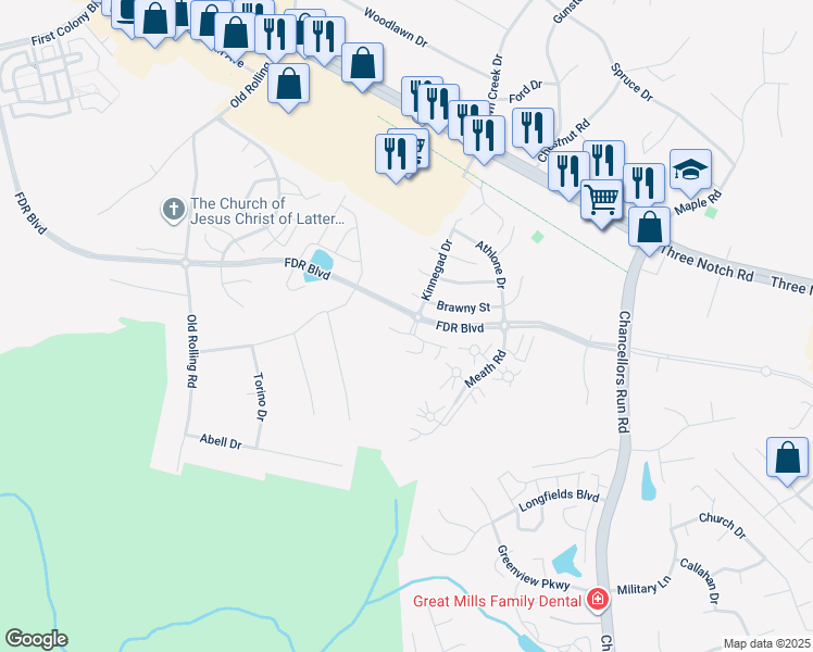 map of restaurants, bars, coffee shops, grocery stores, and more near 45482 Westmeath Way in Great Mills