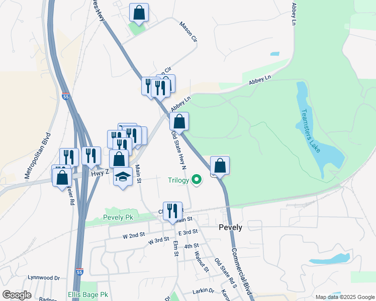 map of restaurants, bars, coffee shops, grocery stores, and more near 8733 Commercial Boulevard in Pevely