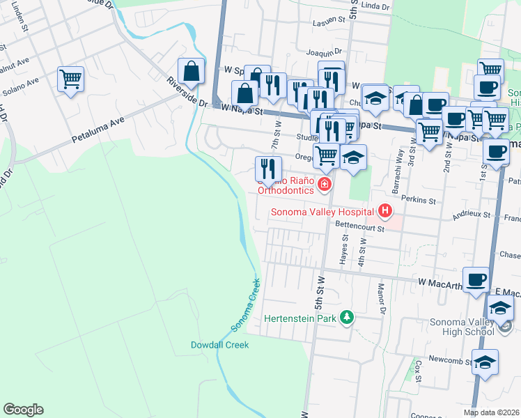 map of restaurants, bars, coffee shops, grocery stores, and more near 70 Park Lane in Sonoma