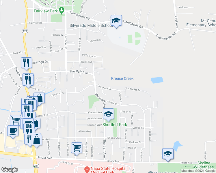 map of restaurants, bars, coffee shops, grocery stores, and more near 1238 Cayetano Drive in Napa
