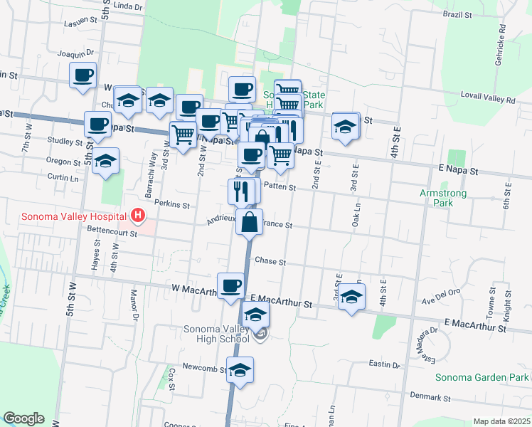 map of restaurants, bars, coffee shops, grocery stores, and more near 109 Patten Street in Sonoma