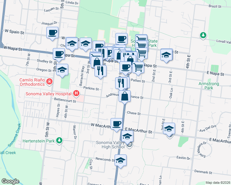 map of restaurants, bars, coffee shops, grocery stores, and more near 677 1st Street West in Sonoma