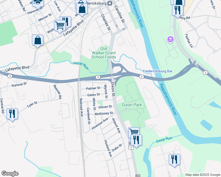 map of restaurants, bars, coffee shops, grocery stores, and more near 901 Dixon Street in Fredericksburg