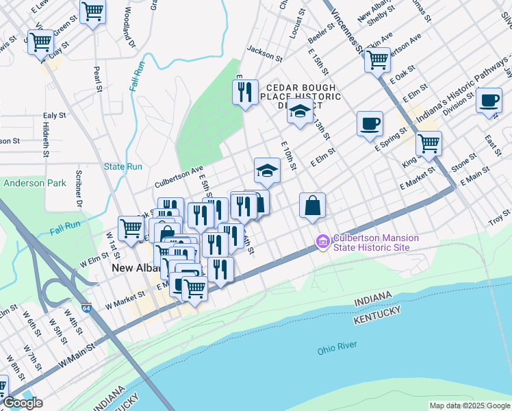 map of restaurants, bars, coffee shops, grocery stores, and more near 726 East Elm Street in New Albany
