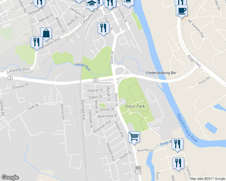 map of restaurants, bars, coffee shops, grocery stores, and more near 901 Dixon Street in Fredericksburg