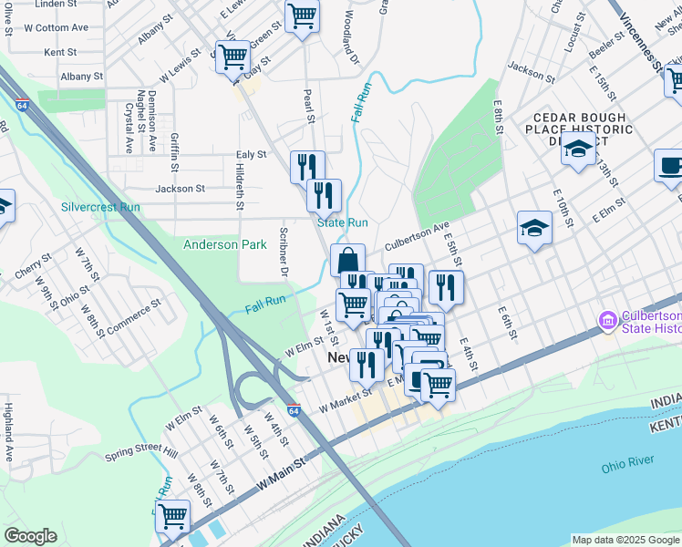 map of restaurants, bars, coffee shops, grocery stores, and more near 624 State St in New Albany