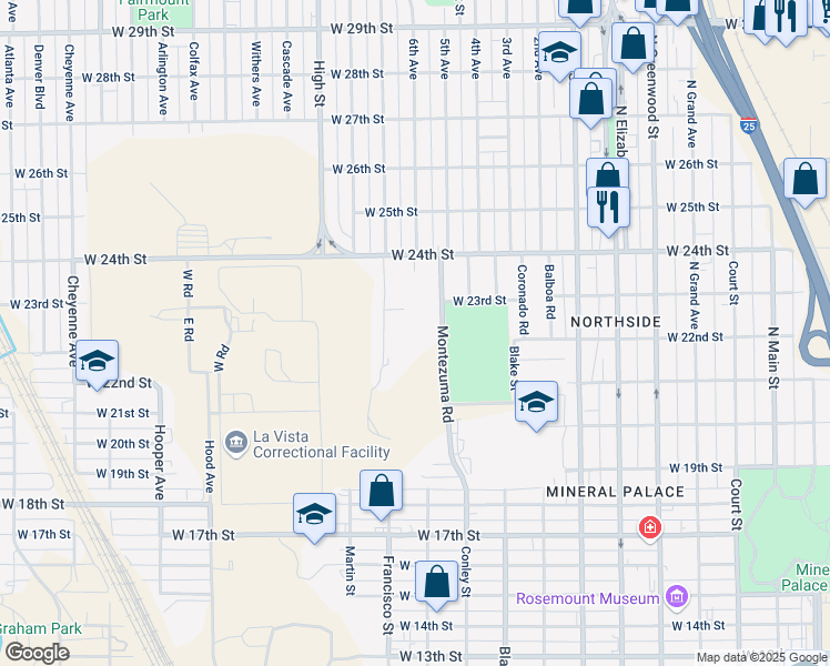 map of restaurants, bars, coffee shops, grocery stores, and more near 2216 7th Avenue in Pueblo