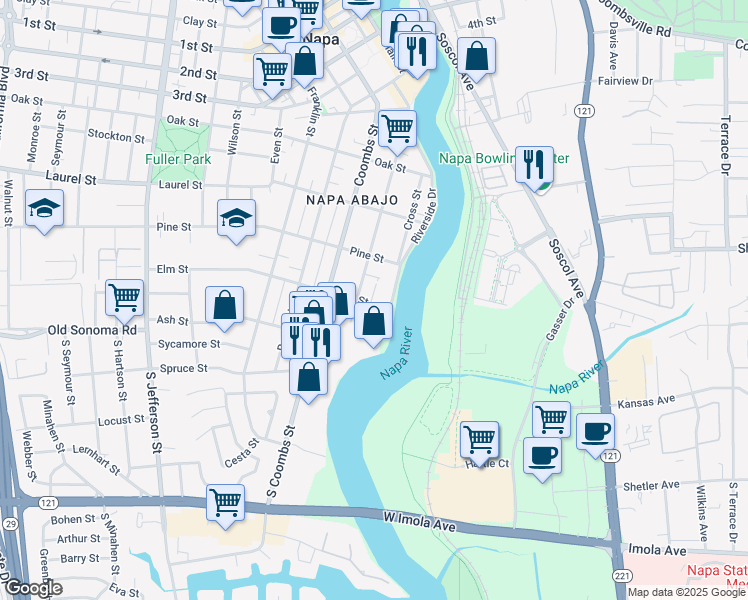 map of restaurants, bars, coffee shops, grocery stores, and more near 1050 Elm Street in Napa