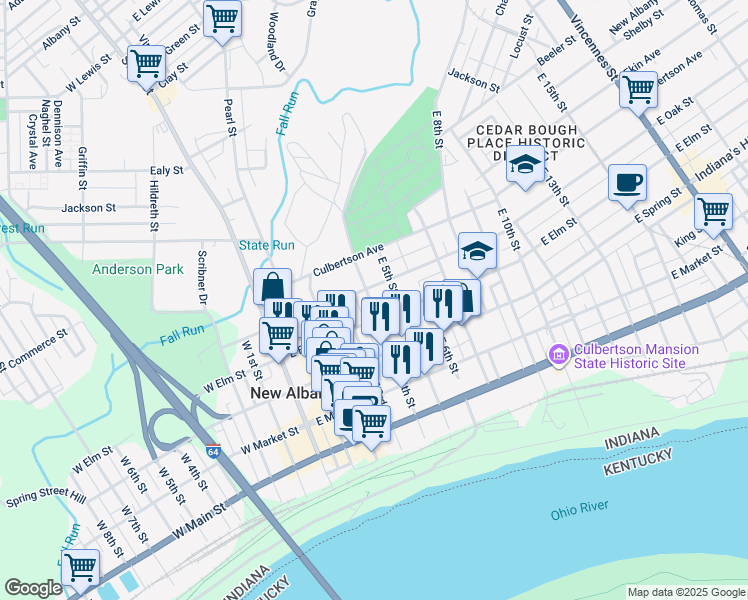 map of restaurants, bars, coffee shops, grocery stores, and more near 518 East 4th Street in New Albany