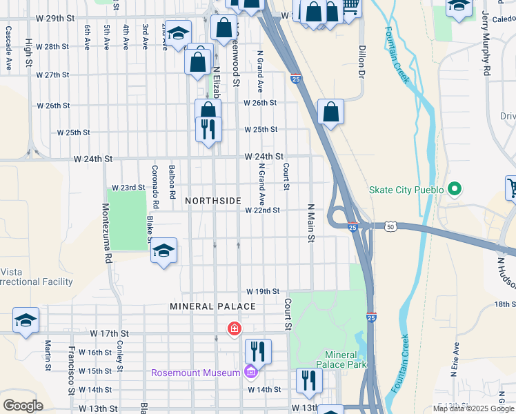 map of restaurants, bars, coffee shops, grocery stores, and more near 2201 North Grand Avenue in Pueblo
